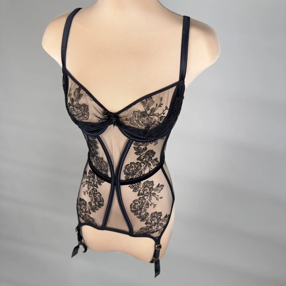 Agent Provocateur Black Gloria Basque Floral Lace Corset‎ 34D